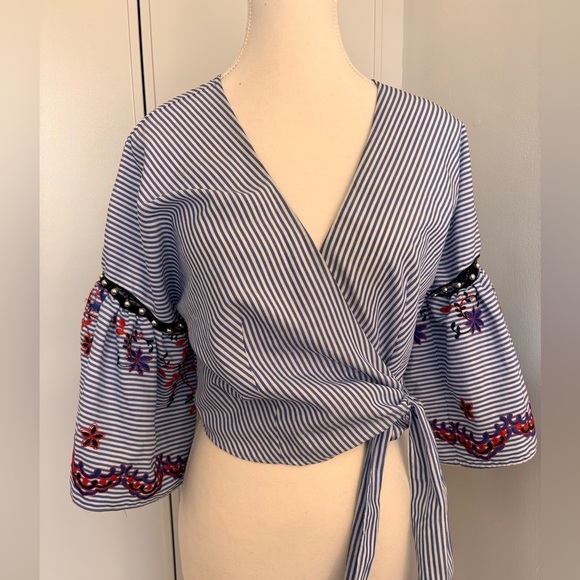 Topshop Tops - Topshop Blue Striped Blouse with Embroidered Sleeves